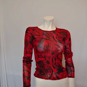 DKNY red and black sheer lion print long sleeve top